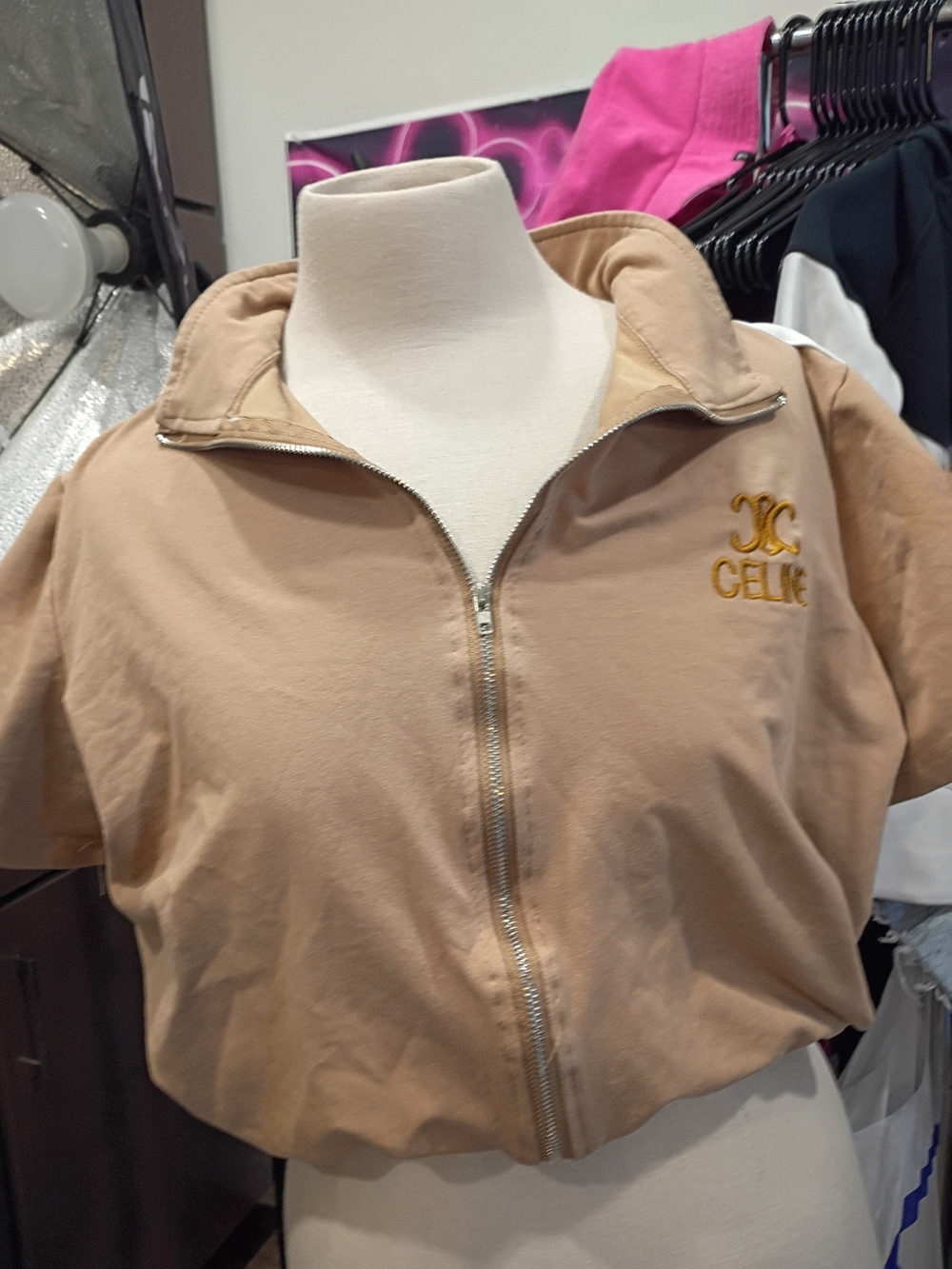 Celine Logo Zip-Front Crop Top in Beige